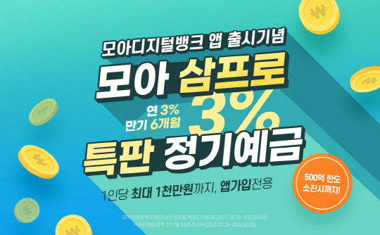 모아디지털뱅크 앱 출시 기념 모아저축은행 특판 정기예금. 모아저축은행 제공